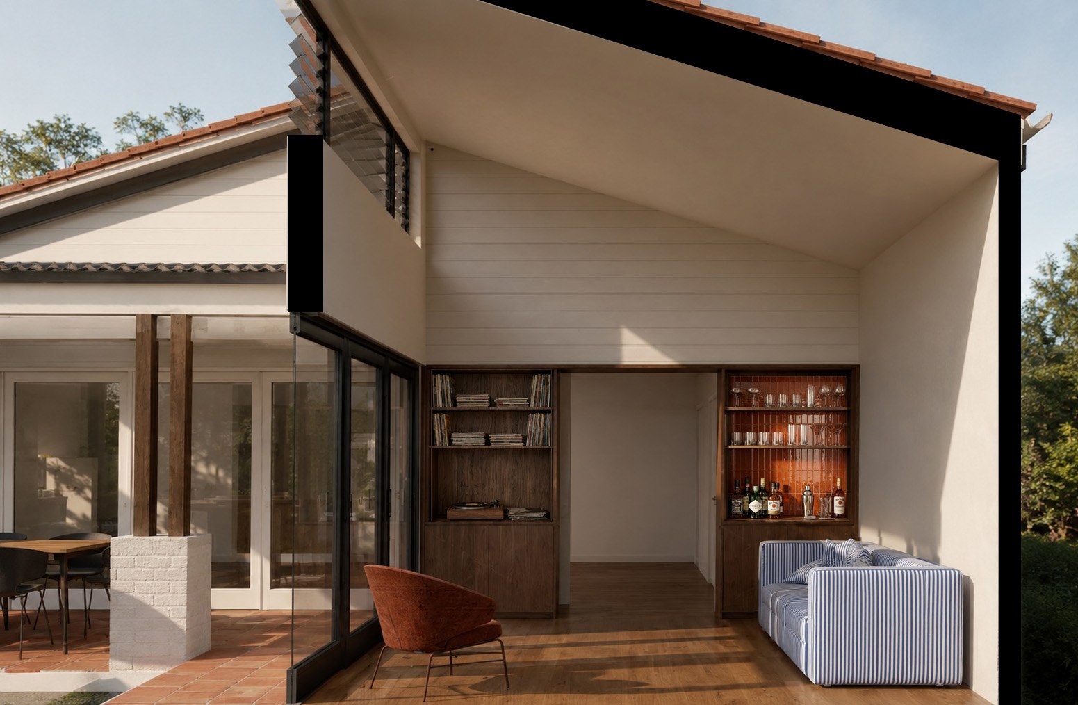 Cutaway view of the proposed garden room from the garden side, showing the record wall, the small bar with its red gloss splashback, and the threshold back into the existing house