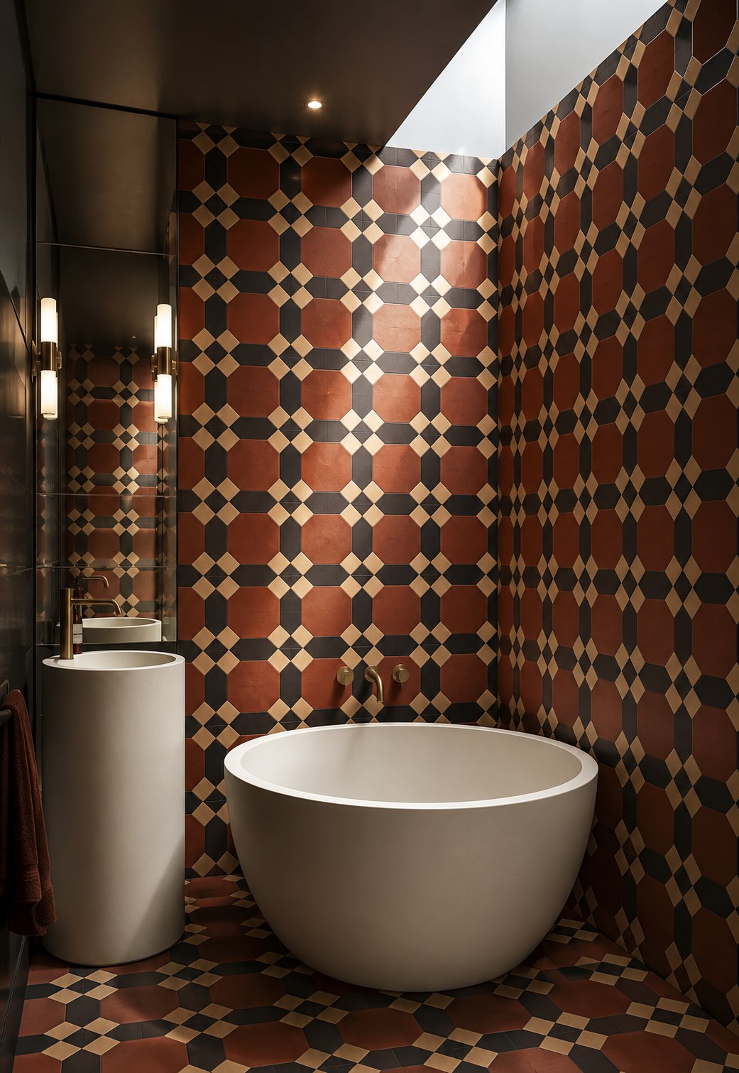 The proposed bathing room, tessellated tile floor to ceiling, round freestanding bath beneath an expanded skylight