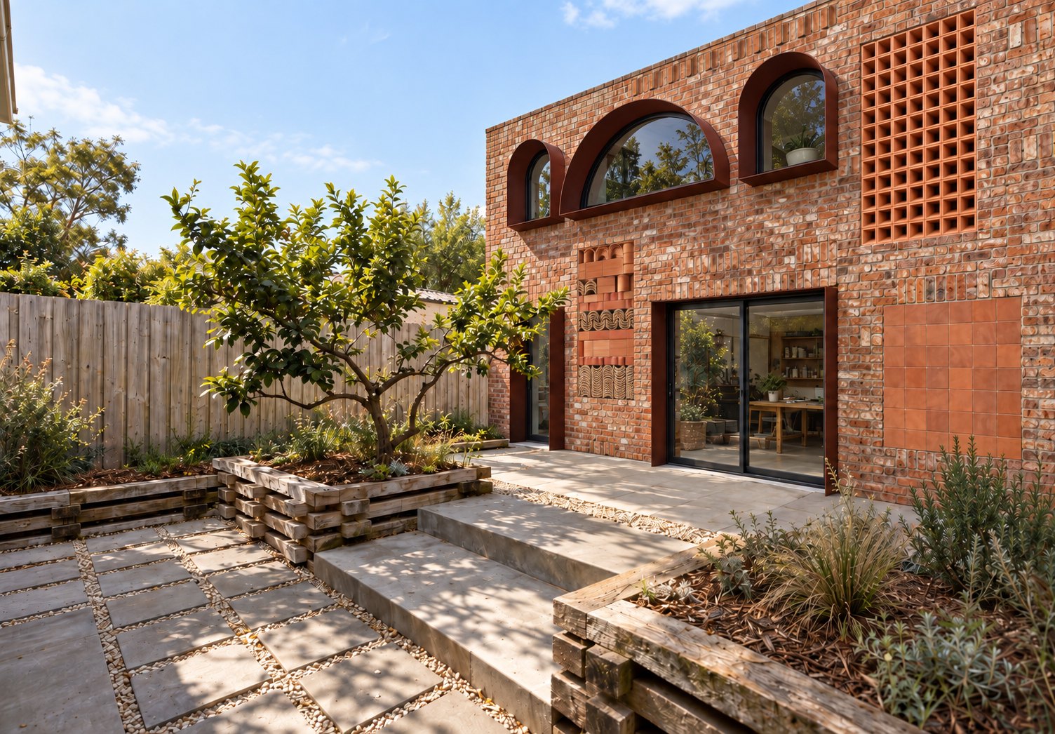 The studio in recycled red brick, seen from the garden, with arched upper windows in red steel reveals and a terracotta breeze-block screen
