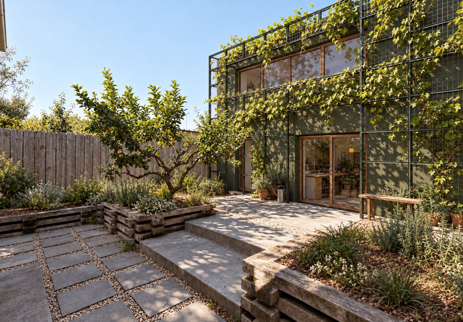 The studio as a dark green box behind a steel and wire trellis covered in climbers, seen from the garden