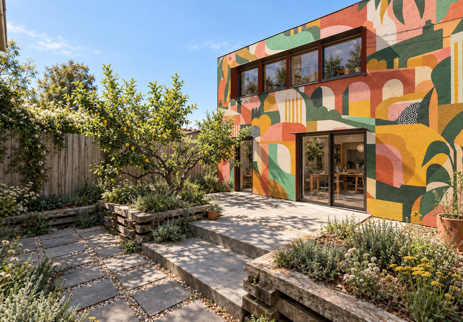 The studio with its garden wall painted as a large mural in yellow, terracotta, green and pink
