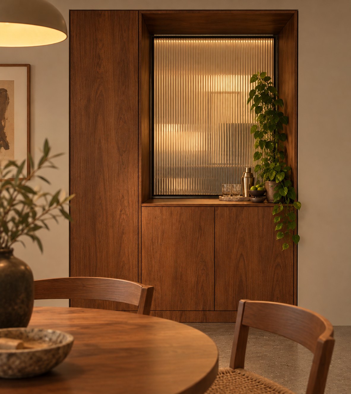 The dining room side of the new ironbark joinery: a tall cupboard beside a lit niche with a reeded glass panel, a small bar shelf and cupboards below