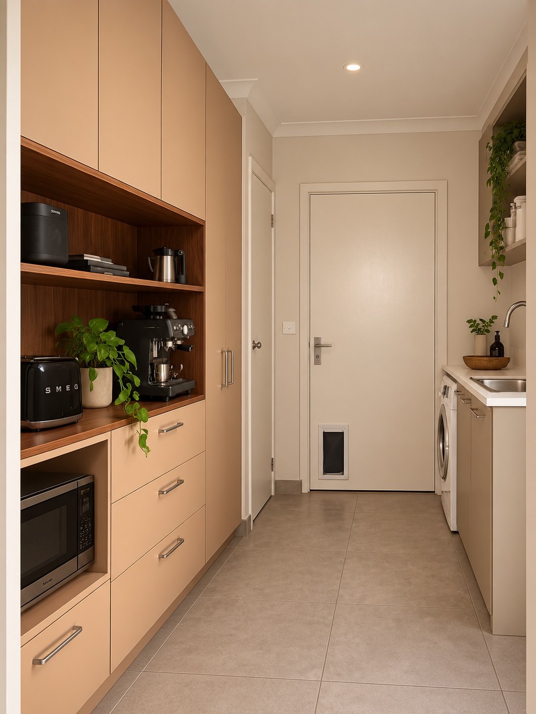 The laundry and walk-in pantry, with full-height clay-coloured cabinets and drawers, open ironbark-lined shelves for the coffee machine and toaster, and a niche below for the microwave
