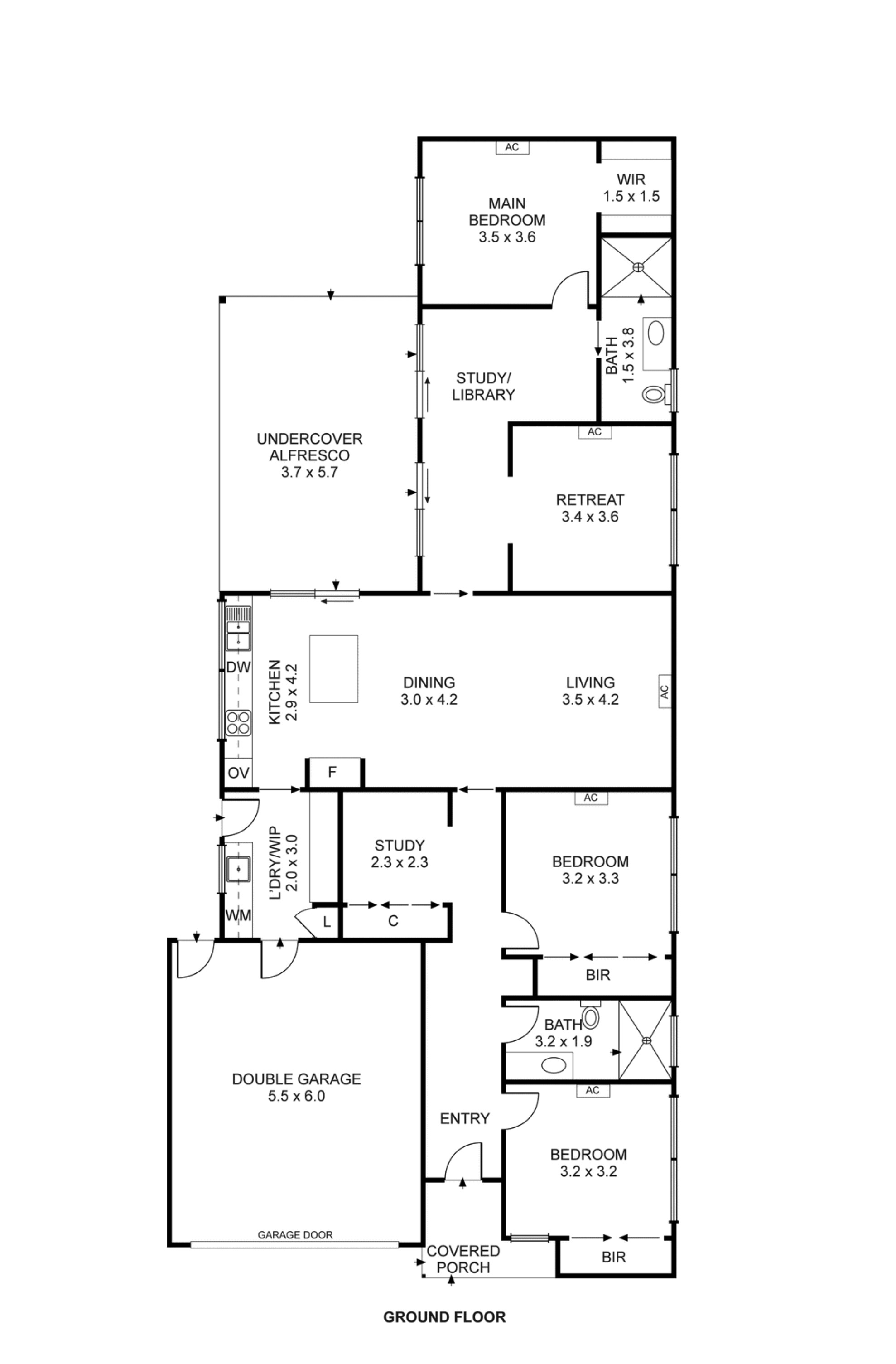 Existing floor plan of the Yarraville house, with the retreat walled off from the living room, a shower in the kids' bathroom and no seating at the kitchen island