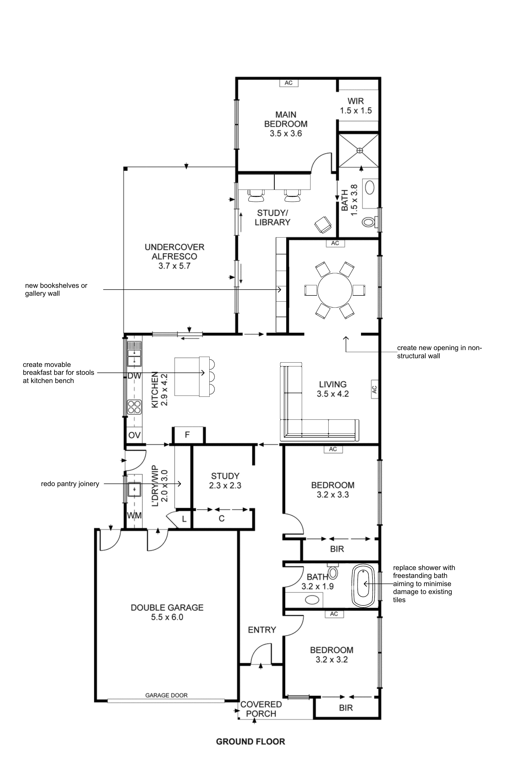 Proposed floor plan of the Yarraville house: the retreat opened to the living room as a dining room, a freestanding bath in the kids' bathroom, new pantry joinery and a movable breakfast bar at the kitchen island