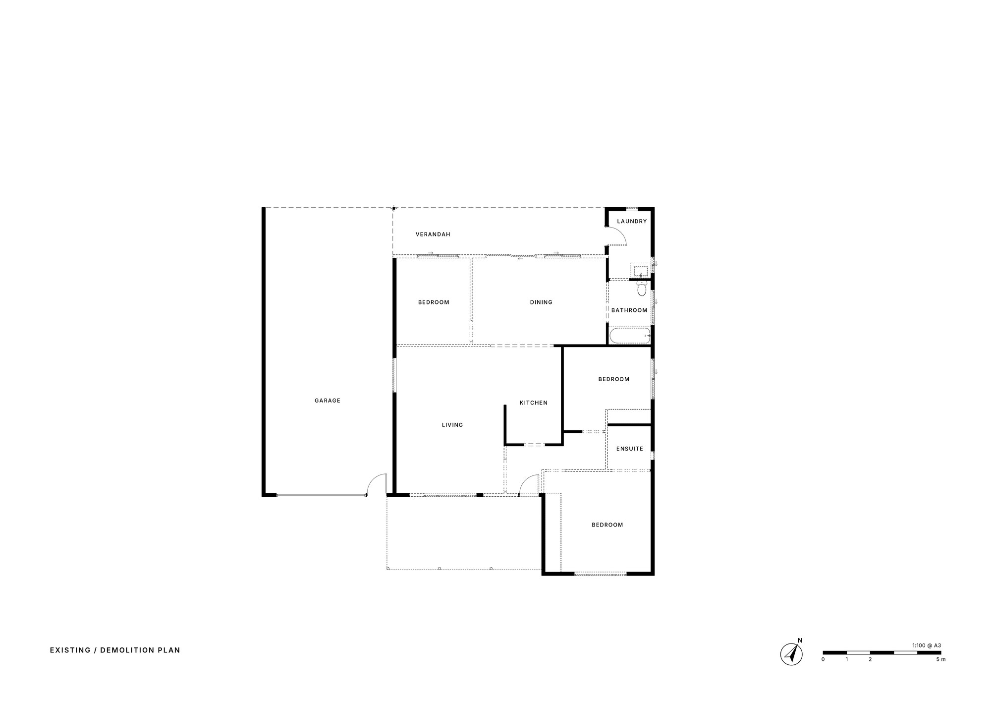 Existing floor plan of the Moama Edwardian cottage, with a bedroom and closed-off dining room along the north verandah