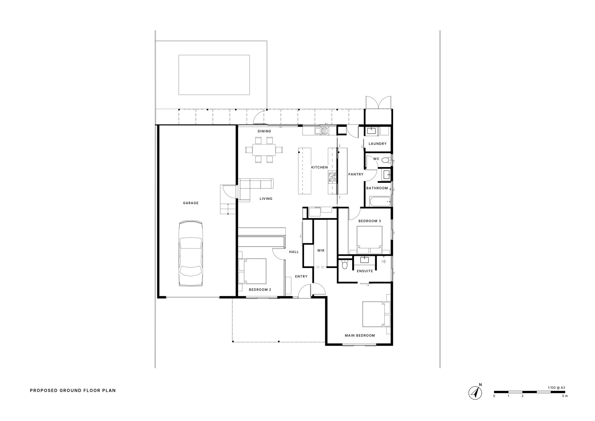 Proposed floor plan of the Moama Edwardian cottage, with an open-plan kitchen, living and dining area opening north to the garden