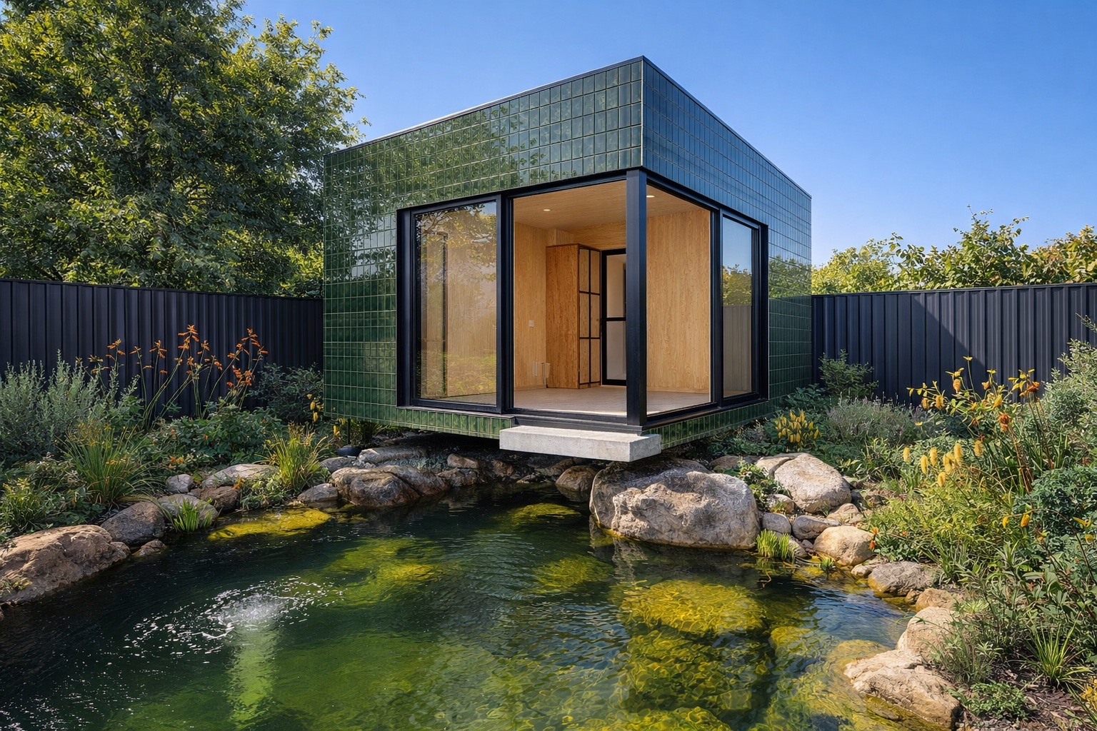 The garden pod cantilevered over the pond