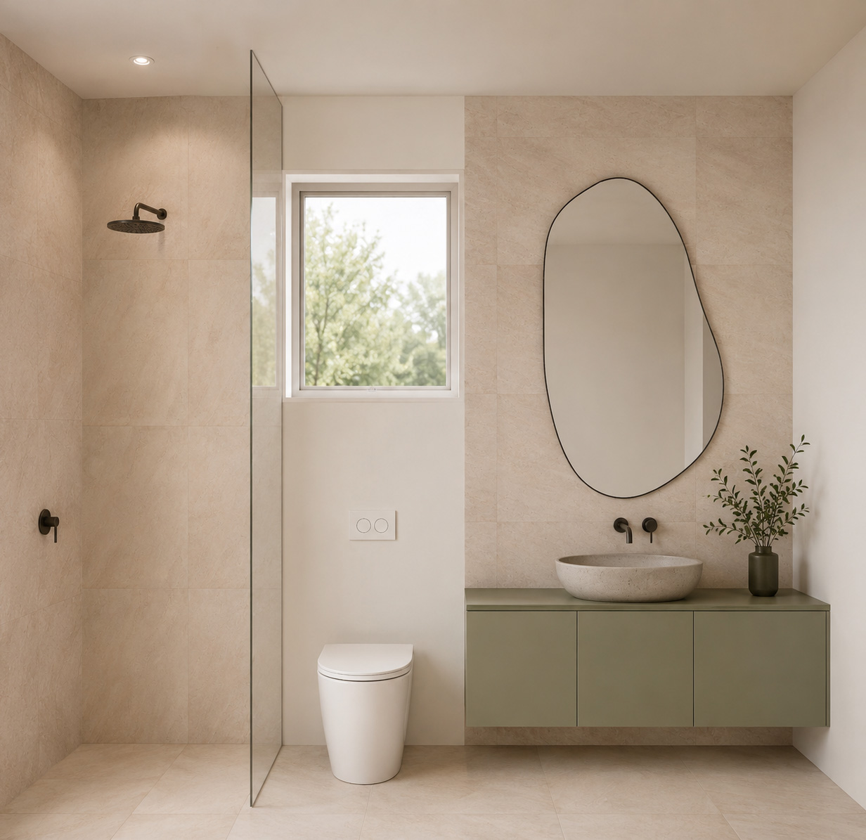 The new ensuite, calm and light-filled with a soft green vanity and garden views