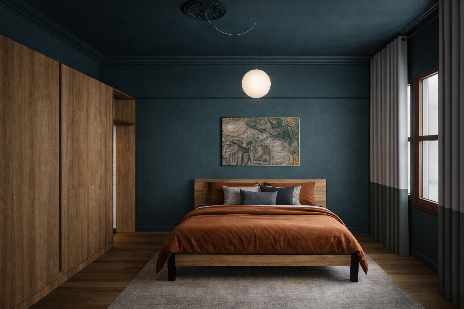 The new main bedroom, dark and brooding in rich native timbers and deep green-blue