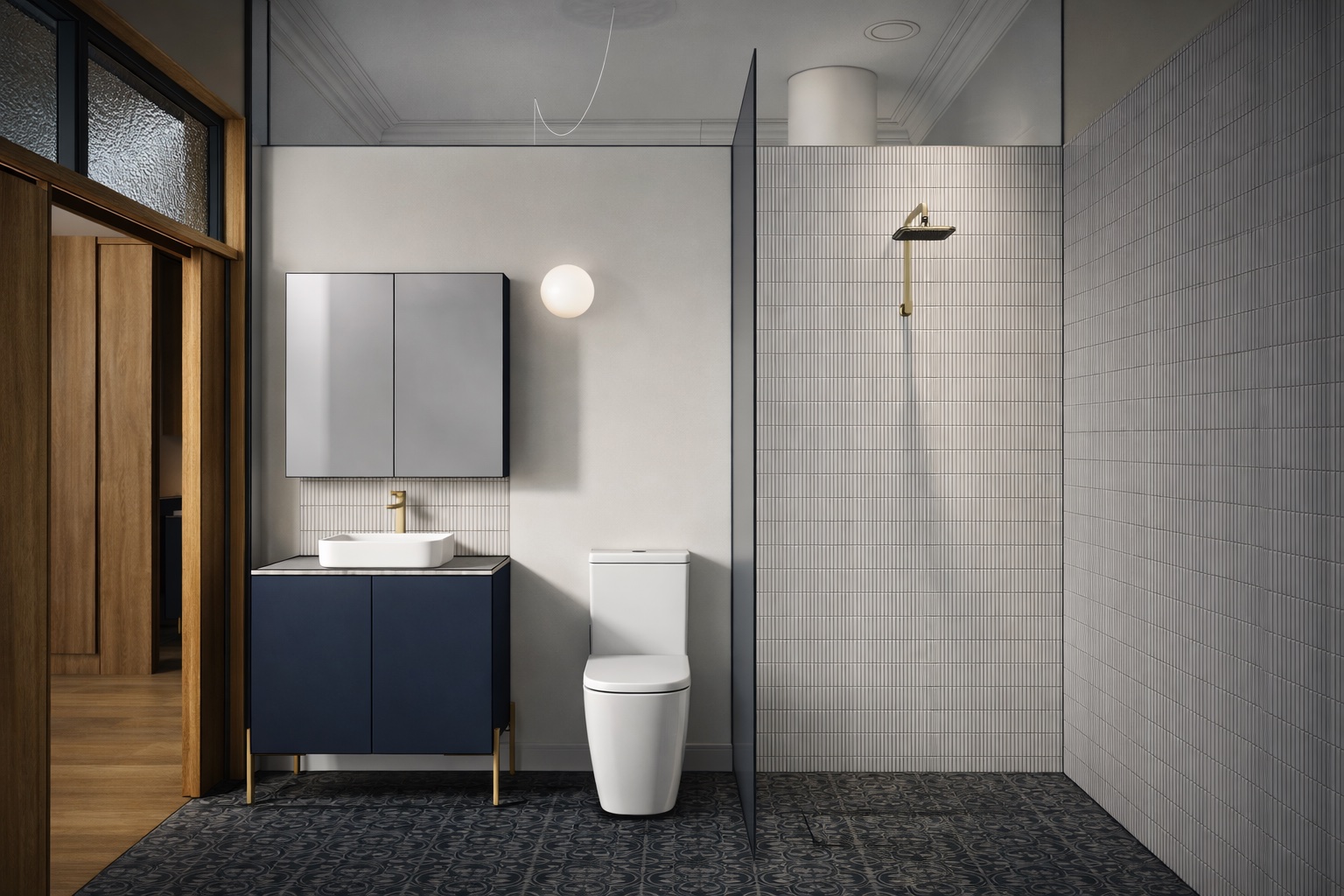 The new ensuite, simple and efficient, borrowing light through a glazed section above