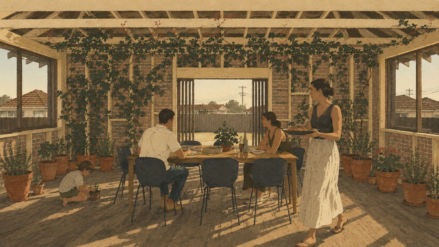 A summer lunch in the loggia, doors folded away, vines over the pergola