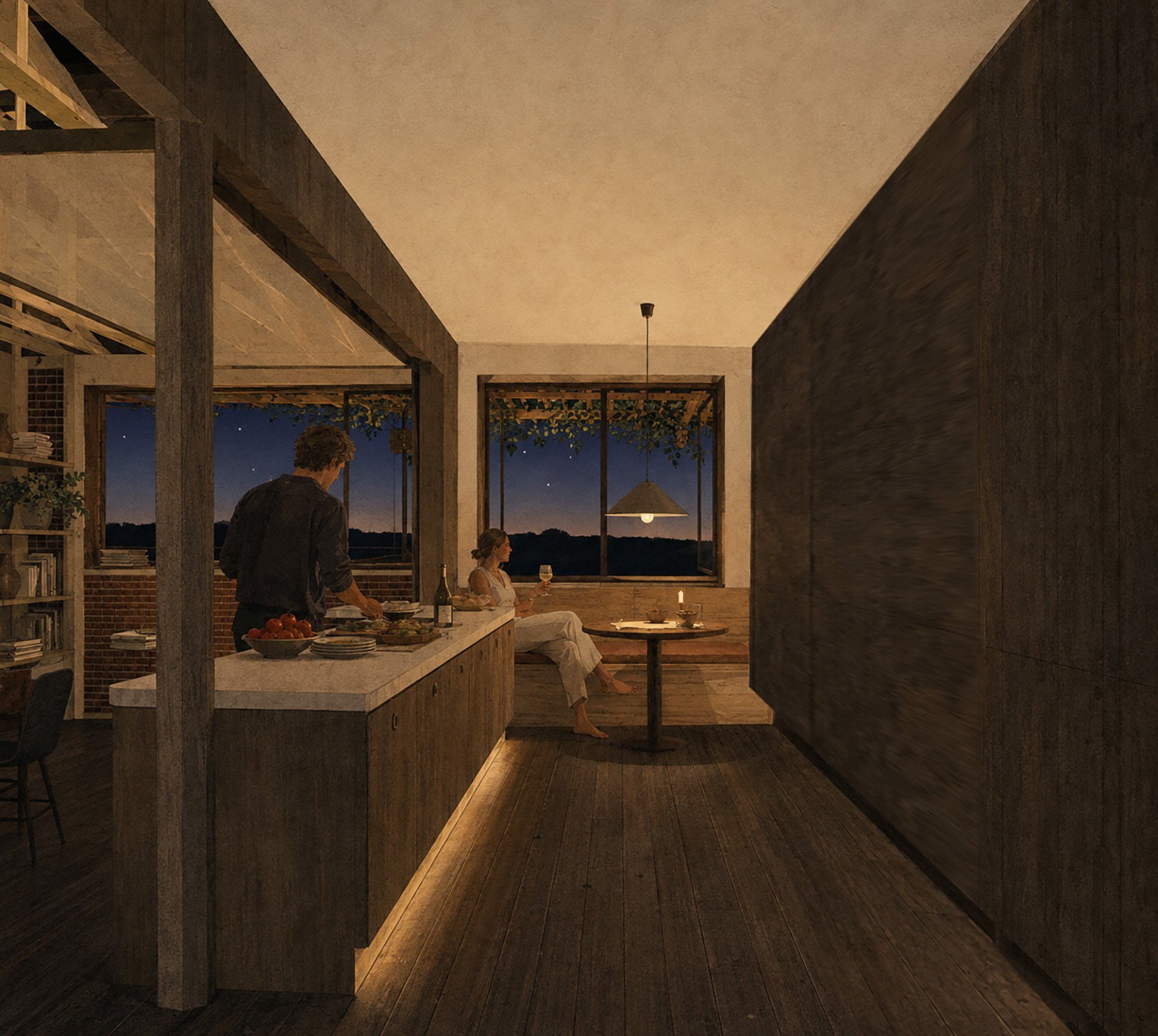 The kitchen and meals area at night, cooking and a glass of wine, the loggia beyond
