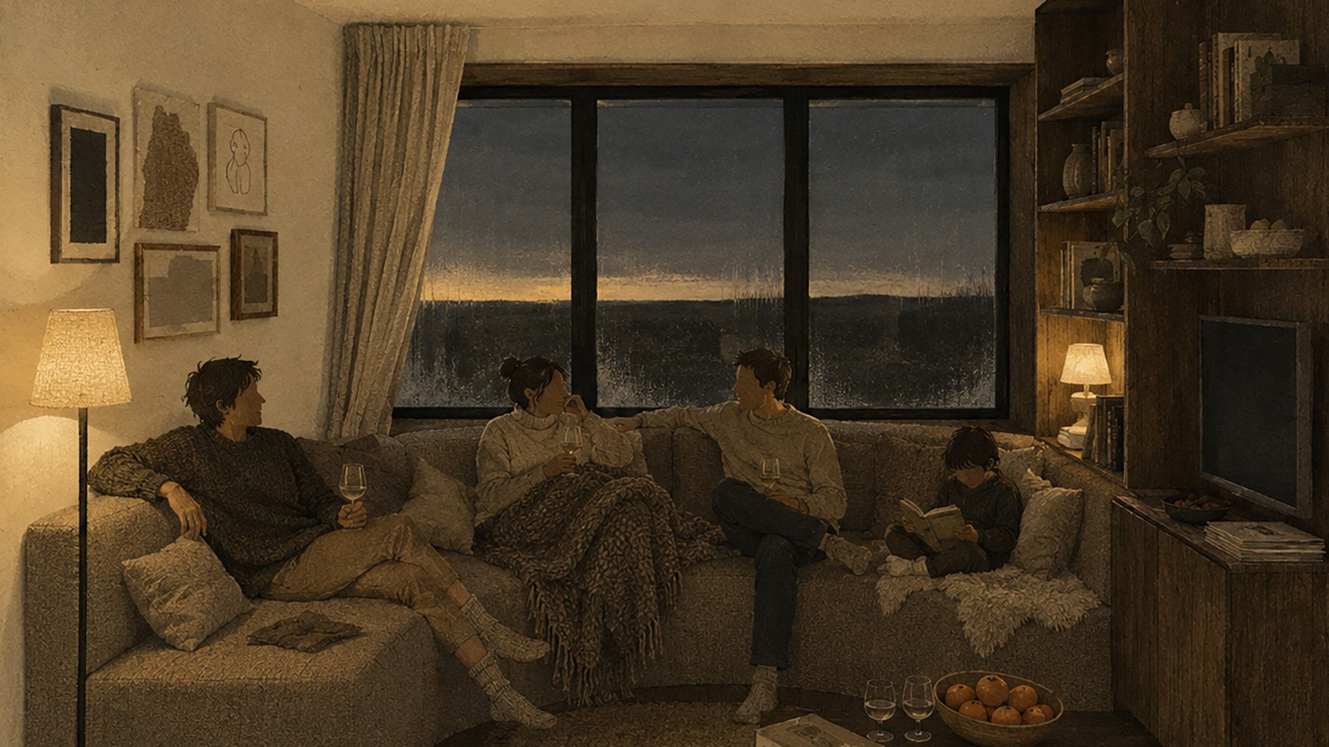 The lounge on a winter evening, lamps on, family on the couch