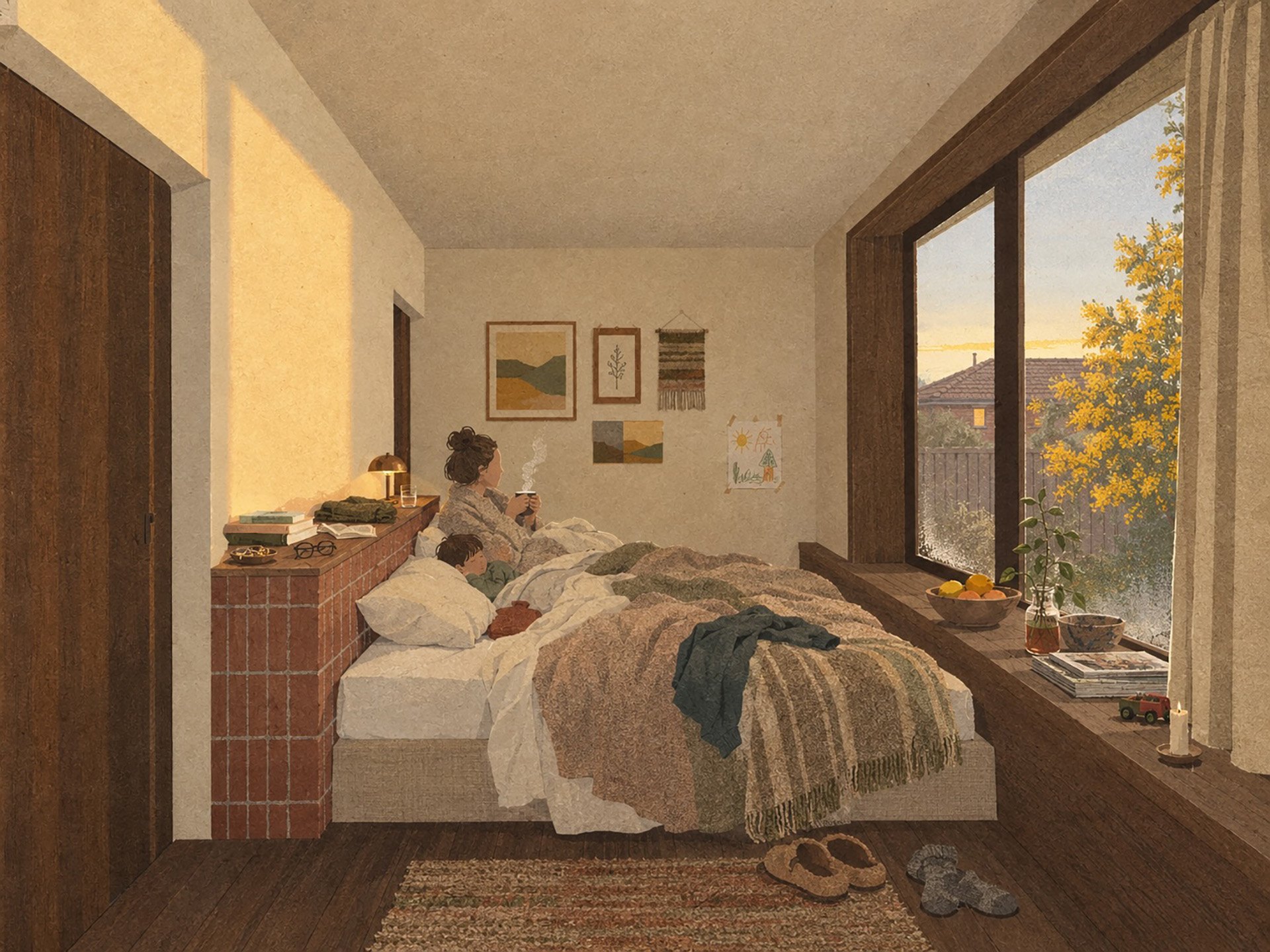 The main bedroom at dawn, brick heat bank beside the bed, wattle in flower outside