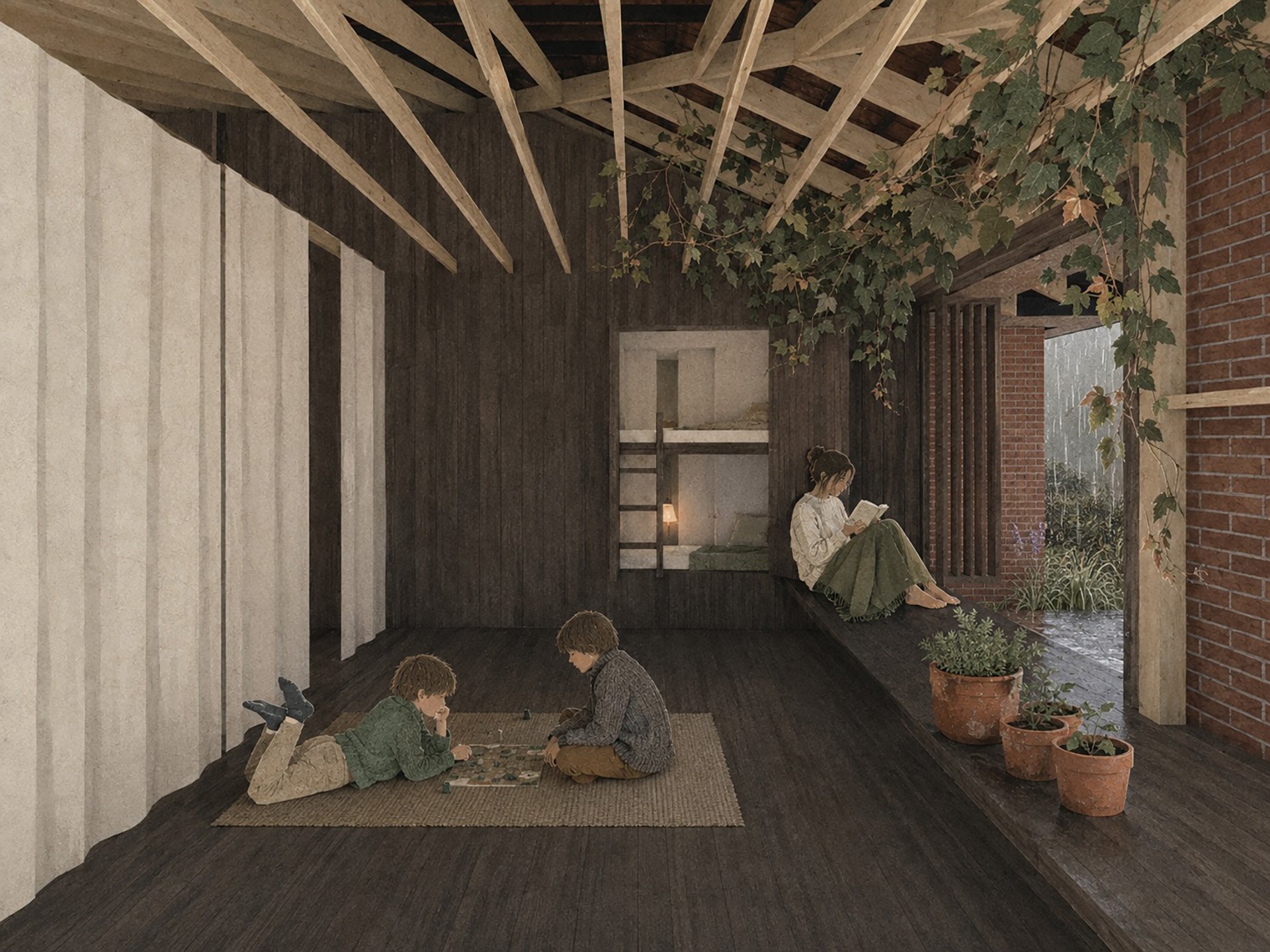Children playing on the floor of the breathing room, bunks beyond, rain outside