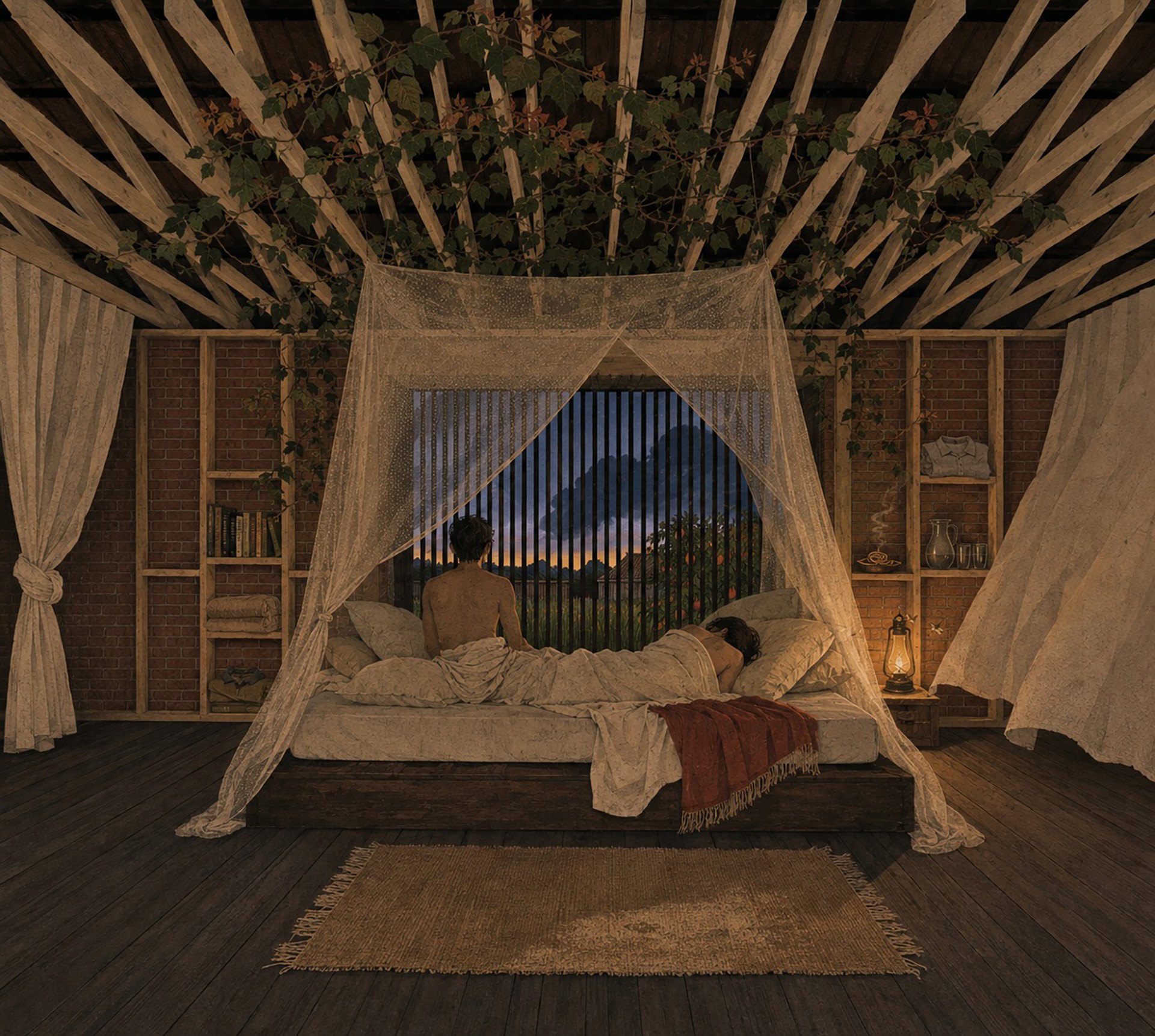 Sleeping out in summer under a mosquito net, behind the batten screen