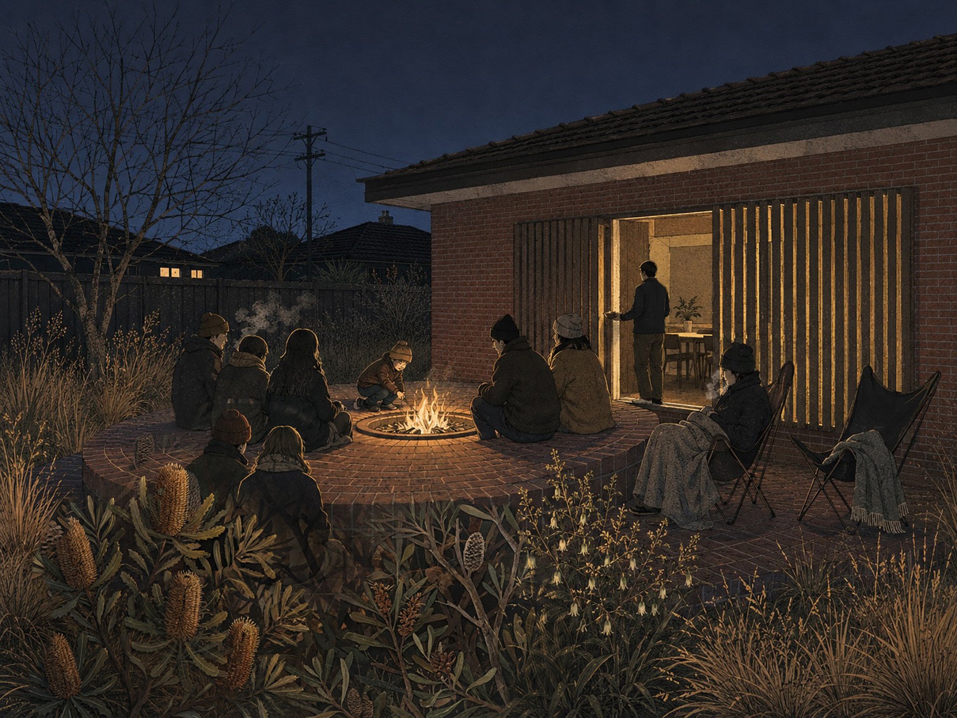 The fire court on a winter night, a group gathered around the fire with the core lit behind