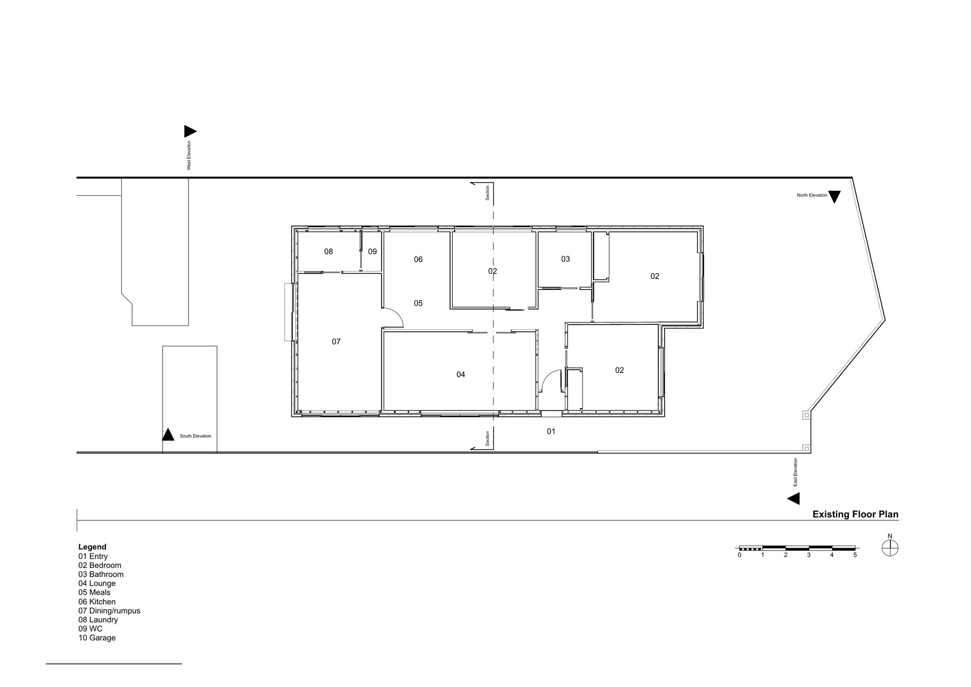 Existing ground floor plan of the 1960s brick veneer, with bedrooms on the north edge