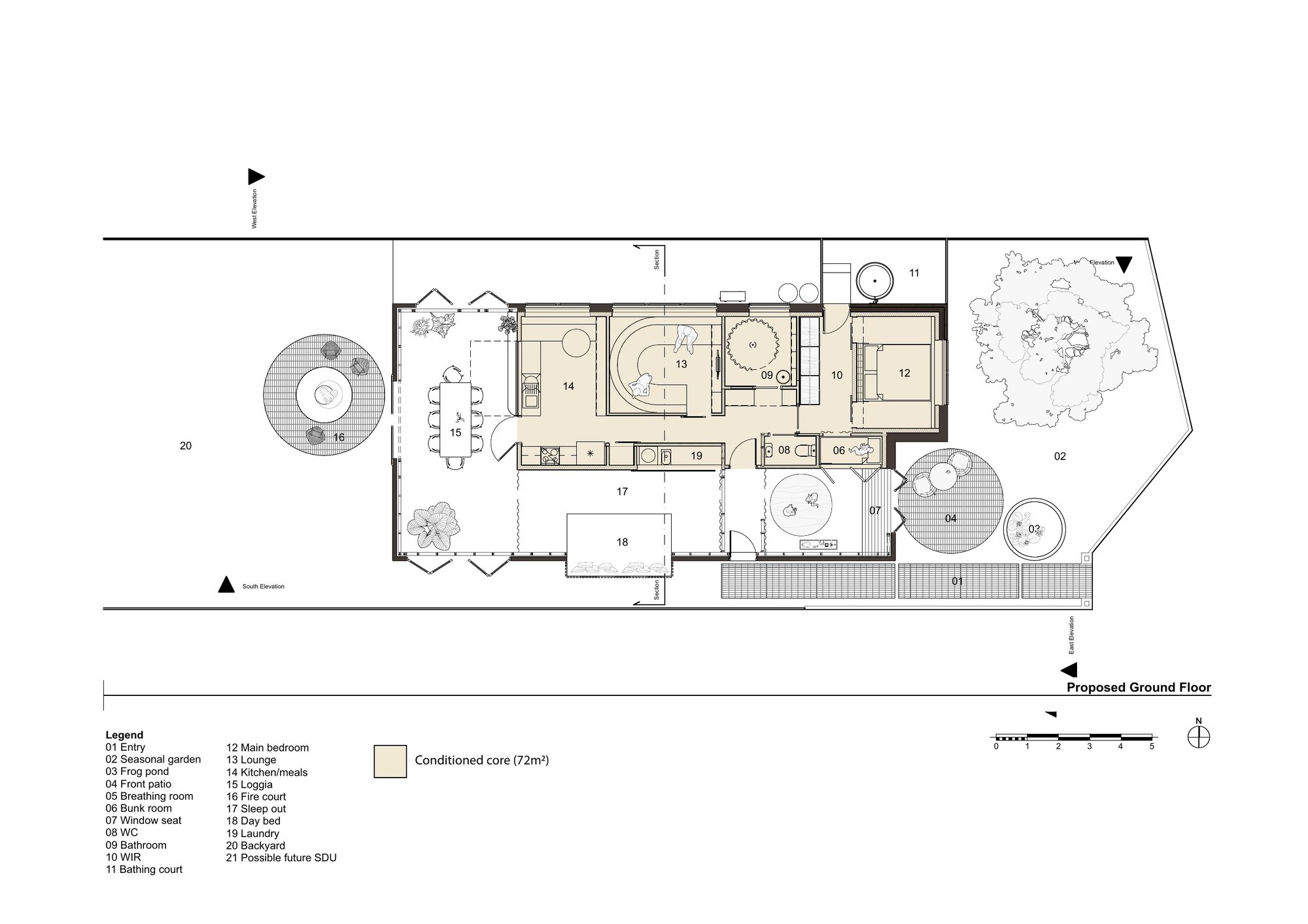 Proposed ground floor plan of The Unconditioned House, showing the 72 square metre conditioned core shaded